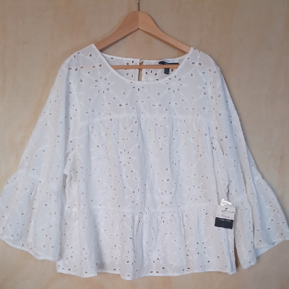 Eloquii White Floral Eyelet Blouse, Bell Sleeves, Plus Size, New